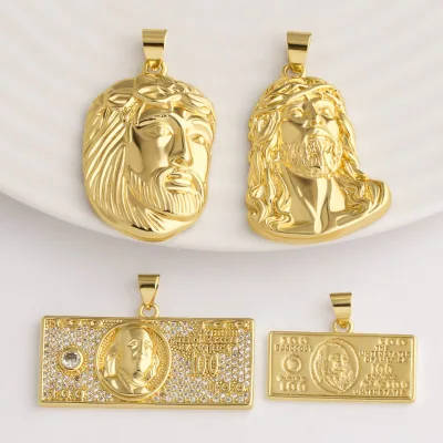 ASJEWELRY Jesus Piece Head Pendant for Necklace Copper Gold Plated Dollar Bill CZ Hip Hop Charm Jewelry Making Supplies pdta985