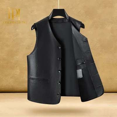 Men's Vintage Genuine Top Grain Cowhide Vest Four Season Outdoor Casual Sleeveless Waistcoat for Middle Aged Elderly Dad