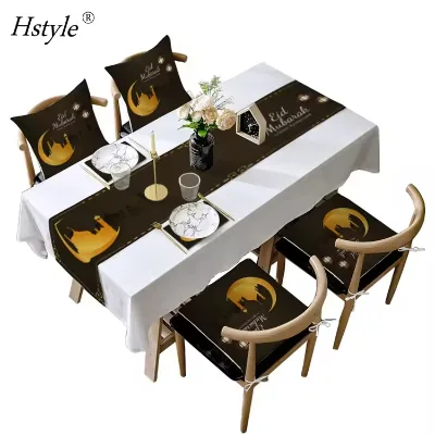 Hstyle 5pcs Eid Mubarak Multi Style Pillow Covers and Table Runner Kit Home Sofa Dinning Room Ramadan Tablecloth Pillowcases