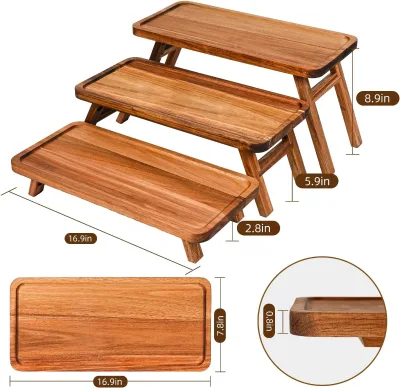 Three-Tier Acacia Wood Plate Stand Foldable Dessert Display Tray Set