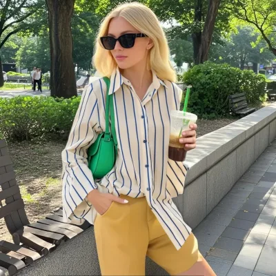 2025 Taop&Za Women's Long-Sleeved Striped Shirts Woven Button Front XL Two Colors for Fashionable Simple Summer Casual Look