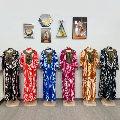 African Print Floral Chiffon Summer Dress Elegant Wide Sleeved Women's Dress Long Robe