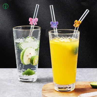 New Arrive Cute Heat-resistant Reusable Clear Colored Bent Type Glass Straw with Bow Design Bow Straws Set Girl Woman Gift Set
