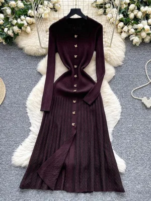 Women's Spring Maxi Knit Dress Long Sleeve V-neck Breathable Luxury Bodycon Silhouette Office Commute Formal Nylon Simple Button