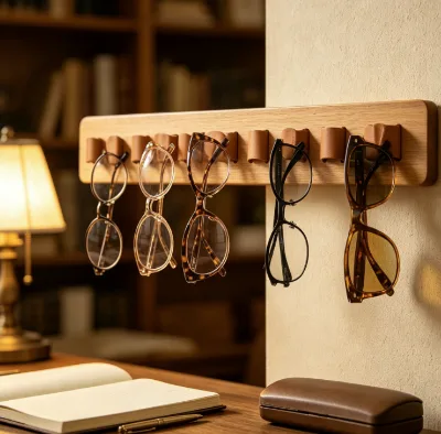 Hot Sale Wooden Wall Mounted Glasses Rack Entryway Glass Hanger Wooden Sunglasses Holder Leather Strap Eyewear Rack