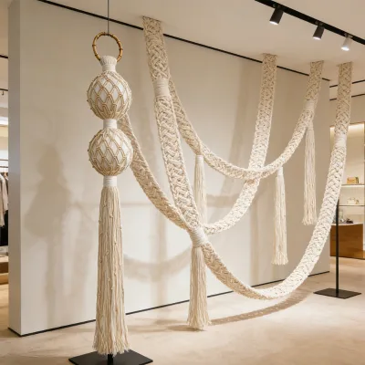 Factory Direct Handwoven Chunky Rope Textile Oversized Wave Macrame Installation for Fashion Boutiques & Gallery Installations