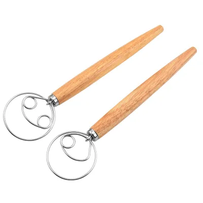 Custom Logo 13-Inch Stainless Steel Flour Mixer Bread Dough Hand Mixer Danish Dough Whisk Baking Tools with Wooden Handle
