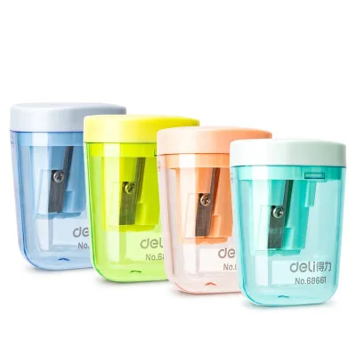 DELI Auto Close Door Portable ABS Material Non-Electric Candy Color Transparent Single Blade Pencil Sharpener for Kids