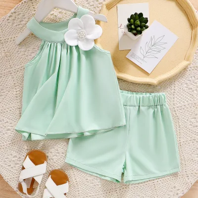 Europe United States Summer Fashion Set for Girls New Solid Color Shorts with Three-Dimensional Flower Top