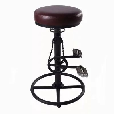 Industrial Vintage Metal Frame Bicycle Design Leather Bar Stool High Chair with Footrest and Fixed Chain