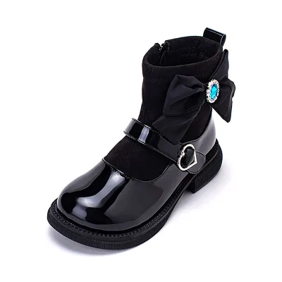2023 New Style Black Mary Jane Shoes Leather High Top Butterfly Design Comfortable Casual Children's Shoes