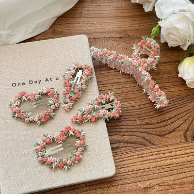 DOWELL Wholesale Elegant Plastic Pink Love Flower Embroidery for Women Claw Clip BB Clip Sweet Side Bangs Clip Hair Accessories
