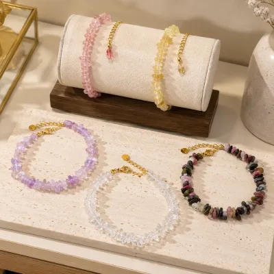 Wholesale 18K PVD Gold Stainless Steel Gemstone Chip Bracelets Adjustable Colorful Crystal Beaded Jewelry for Women