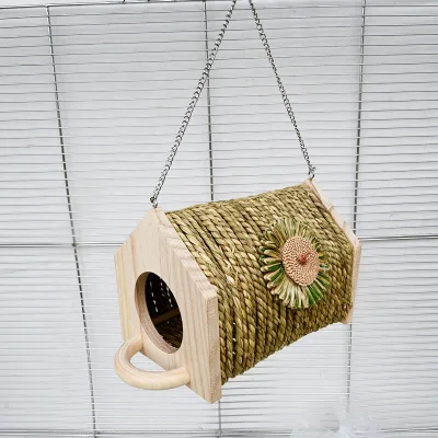 Small All Seasons Bird Nest Bed Handwoven Grass Nest with Wooden House Sun Hammock for Parrot & Bird's Nest