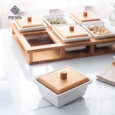 Divided Serving Dishes Ceramic Condiments Tray with Lids and Bamboo Platter, Removable Appetizer Serving Bowls Relish Tray
