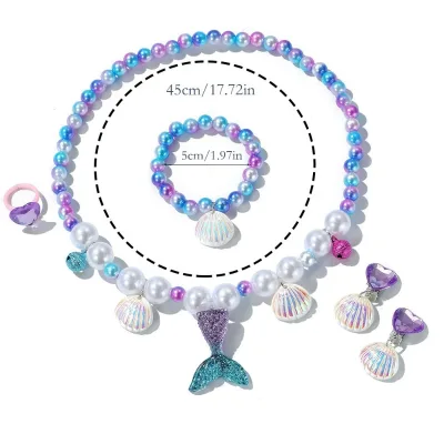 Mermaid Plastic Necklace Bracelet Ring Earrings Multi-Color for Kids All Seasons Halloween Dress up Pretend Play Birthday Gifts