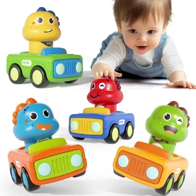 Baby Press and Go Dinosaur Car Toy 4 in 1 Animal Race Cars Push Go Friction Dino Vehicle Play Set for Toddlers