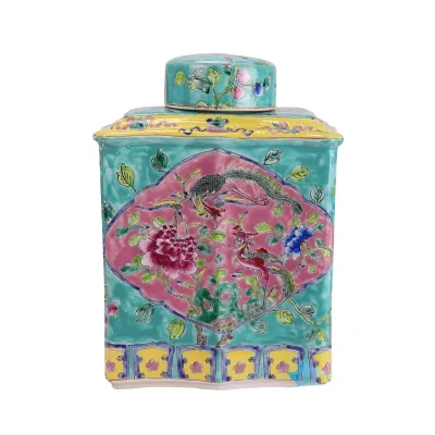 RZFA15-D Jingdezhen Porcelain Pastel Green Bottom Window Phoenix Peony Art Deco Eco-Friendly Home Decor Ceramic Rectangular Jar