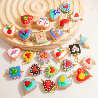 Exquisite Cartoon Cute Stainless Steel Gold Plated Glass Fruit Mushroom Pineapple Cherry Strawberry Heart Pendant for DIY