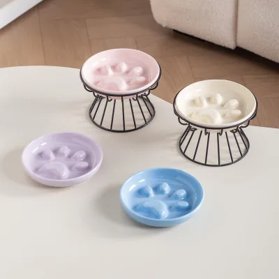 Modern Design Cat Paw Striped Iron Frame High-Legged Ceramic Pet Bowl Stand Anti-Choking Slow Eating Freezer Safe Dessert Use