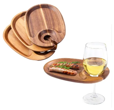 Acacia Wood Appetizer and Cocktail Plates with Wine Glass Holder Durable Dishes & Plates