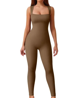 Hot Sale Knitted Square Shaped Neck Sleeveless Wide Strap Women's Tummy Control Jumpsuits