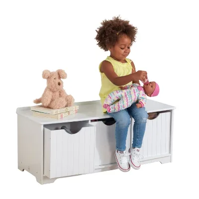Hot Sale Wood Toy Box Cabinet With 3 Sliding Drawers for Kids  Wood Toys Storage Bench White