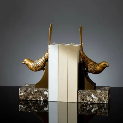 Premium Gold Bird Bookends Stone Base Animal Figurine Book Holder Home Office Library Shelf Art Ornament
