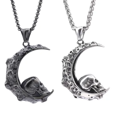 WOWEI Fashion Vintage Hip Hop Stainless Steel Crescent Skull Gold Plated Moon Design Gothic Customizable