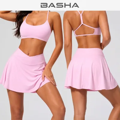Women's 2 Piece Yoga Skirt Set Cross Back Sports Bra and V Waist Skirt with Built in Shorts 4 Way Stretch Nylon Spandex