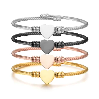 Stainless Steel PVD Gold Twisted Cable Wire Cuff Bangle with Blank Smooth Surface Heart Charm | Laser Engraving Custom Bracelet