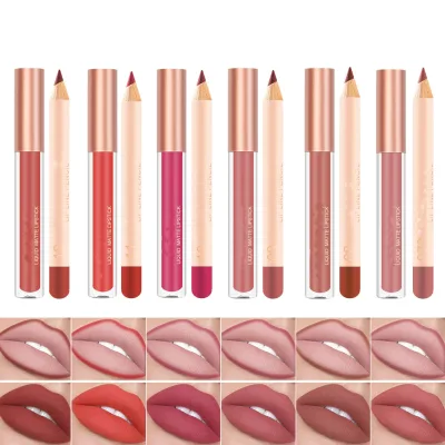 Wholesale Custom Non-Stick Non-Fading Lip Glaze 12 Colors Matte Lip Liner and Lip Gloss Combo Set Genuine Lipstick
