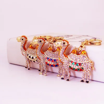 Crystal Camel Keychain Key Chain Keyring Figurines Decor Ornament Golden Enamel Desert Camel Statues Animal Trinket Jewelry