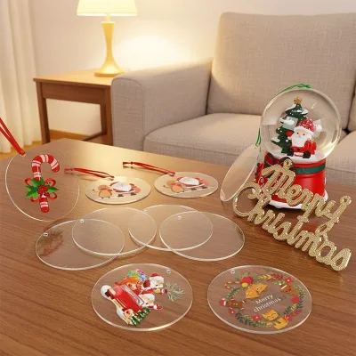UV Print Christmas Patterns Acrylic Transparent Round Disc with Holes Laser Cut Perforated PMMA Plastic Sheet