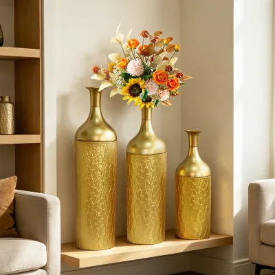 3Pcs Vine Texture Golden Iron Vase for Dried Flowers and Artificial Flowers Vintage Floor Metal Flower Ware for Home Decor Items
