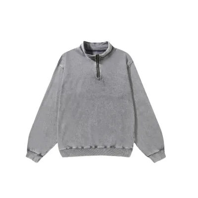 Wholesale Unisex Washed Vintage 100% Cotton Quarter Zip Stand Collar Knitted Pullover Sweatshirt American Casual Regular Fit