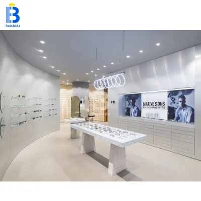 Modern Minimalist Terrazzo Display Table & Wall Glass Shelving for Optical Store Eyewear Optical Shop Display Furniture