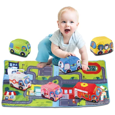 Hot Selling Baby Toys 6 PCS Soft Car Toys with Play Mat Storage Bag for 1 Year Old Boy and Girl