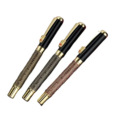 Luxury Gifts Classical Bronze Pens Handmade Vintage Emboss Metal Heavy Fountain Pen with Dragon Clip