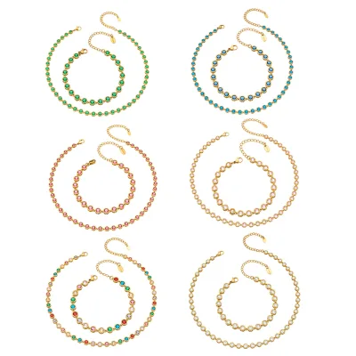 Simple Retro Jewelry Set Stainless Steel Plated Gold Round Zirconia Women Necklace and Bracelet Accessories