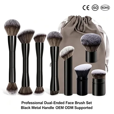 Vegan Soft Synthetic Bristles Metal Handle Cosmetic Brush Kit OEM ODM Professional 9Pcs Dual-Ended Makeup Brush Set with Pouch