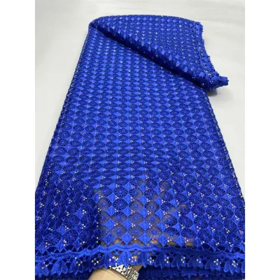 African Fabric Lace High Quality 2025 Dark Blue Guipure Lace Fabric Rhinestone Embellishment Embroidered Lace Fabric