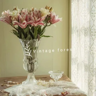 Extra Large Modern Style High-Footed Glass Vase Vintage French Desktop Decoration Ornament for Fresh or Dried Flowers