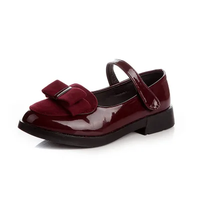 Fashion Wine Red Princess Dance Shoes Girls School Shoes With Bows Square Mouth Leather Shoes for Girls