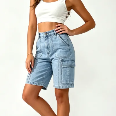 Women's Pants High Waist Cargo Jorts Bermuda Denim Shorts Stretch Baggy Wide Leg Utility Knee Length Jean Shorts Wholesale