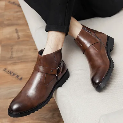 Classy PU Leather Boots Size 38-47 Pointed Toe High Ankle Rubber Outsole Formal Occasion Usable Leather Flat Ankle Boots