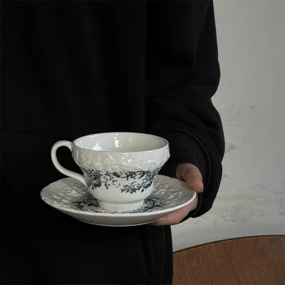 French-style Vintage Intricate Embossed Floral Pottery Ceramic Cup Saucer Set Microwave Safe 220ml Circle Shape Coffee/latte Tea