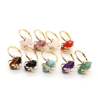 Handmade Stone Two Point Hexagonal Rings with Gold Plated Bee Adjustable Ring for Women Girls Gift