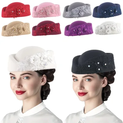 British Retro Fashion Flight Attendant Women's Felt Wool Applique Beret Wool Hat Flight Attendant Hat Etiquette Hat