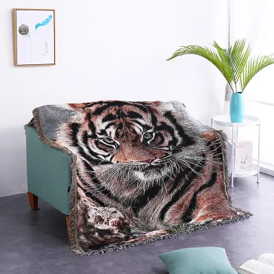 Realistic Tiger Animal Print Polyester Cotton Blanket Afghan Sofa Rug Bedspread Reversible Woven Throw